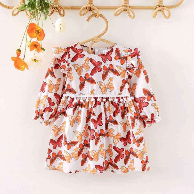 New Autumn Girl Baby Butterfly Stripe Print Long Sleeve dress Colorful 