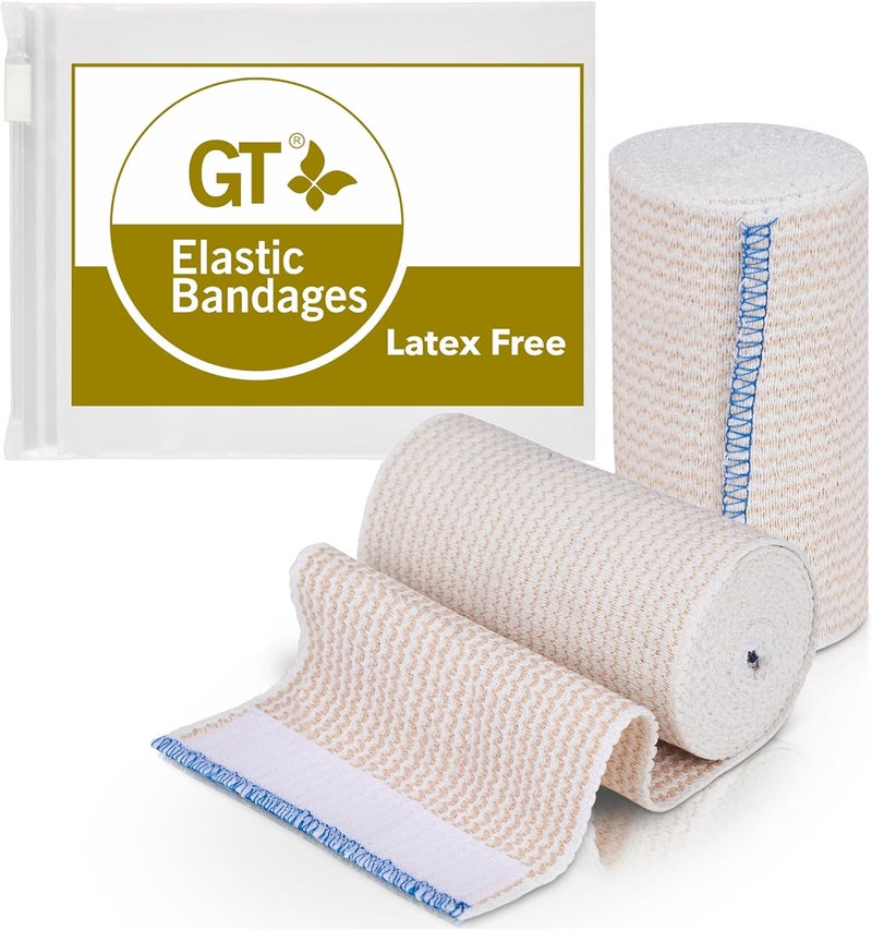 GT Premium Elastic Bandage Wrap (4" 2 Pack) - Hook & Loop Fasteners at Both Ends - Latex Free Hypoallergenic Compression Roll - Reusable Bandages for Waist, Legs, Elbow & Knee Wrap 