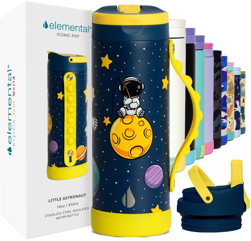 Elemental Iconic Kids Water Bottle for School - 100% Leak-Proof Insulated Water Bottles with Straw Lid & Pop-It Handle for Boys & Girls - Triple-Wall Insulated & BPA-Free, 14oz â€“ Little Astronaut - Image 1