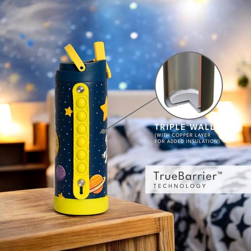 Elemental Iconic Kids Water Bottle for School - 100% Leak-Proof Insulated Water Bottles with Straw Lid & Pop-It Handle for Boys & Girls - Triple-Wall Insulated & BPA-Free, 14oz â€“ Little Astronaut - Image 3