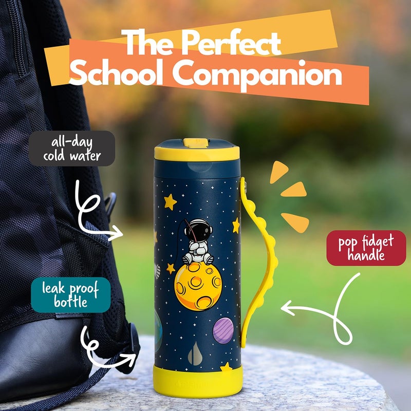 Elemental Iconic Kids Water Bottle for School - 100% Leak-Proof Insulated Water Bottles with Straw Lid & Pop-It Handle for Boys & Girls - Triple-Wall Insulated & BPA-Free, 14oz â€“ Little Astronaut - Image 2