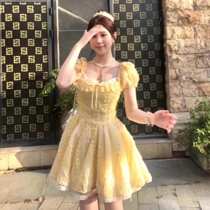 2025 Summer Style French Sweet And Gentle Style Yellow Square Neck Puff Sleeve Dress Women'S Waist Slimming Tutu Skirt - Image 1