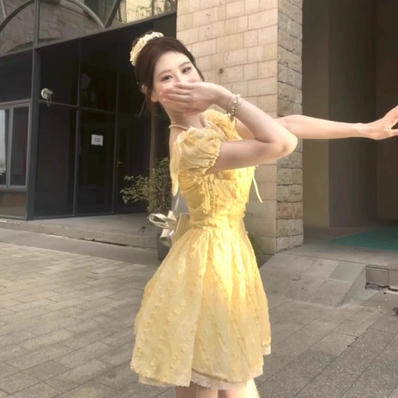 2025 Summer Style French Sweet And Gentle Style Yellow Square Neck Puff Sleeve Dress Women'S Waist Slimming Tutu Skirt - Image 5