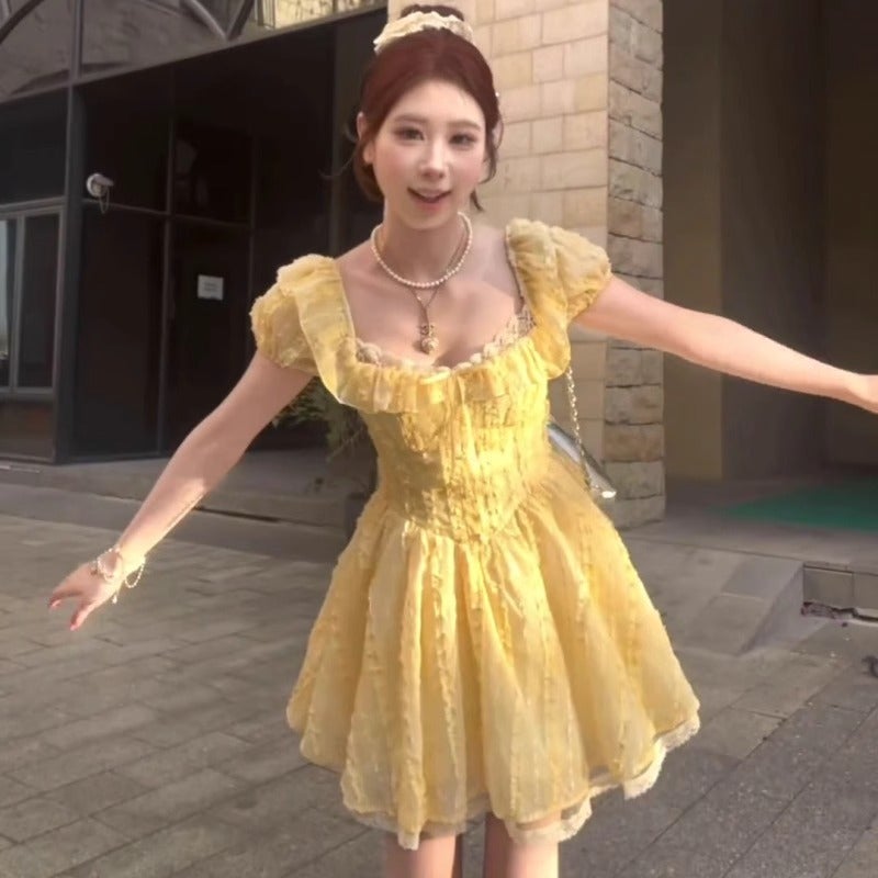 2025 Summer Style French Sweet And Gentle Style Yellow Square Neck Puff Sleeve Dress Women'S Waist Slimming Tutu Skirt - Image 3