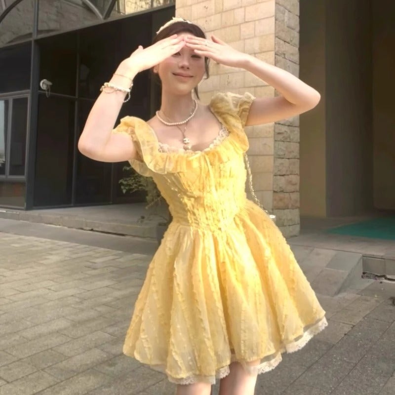 2025 Summer Style French Sweet And Gentle Style Yellow Square Neck Puff Sleeve Dress Women'S Waist Slimming Tutu Skirt - Image 4