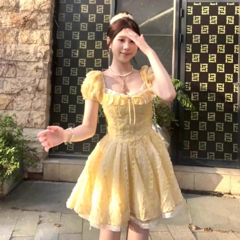 2025 Summer Style French Sweet And Gentle Style Yellow Square Neck Puff Sleeve Dress Women'S Waist Slimming Tutu Skirt - Image 2