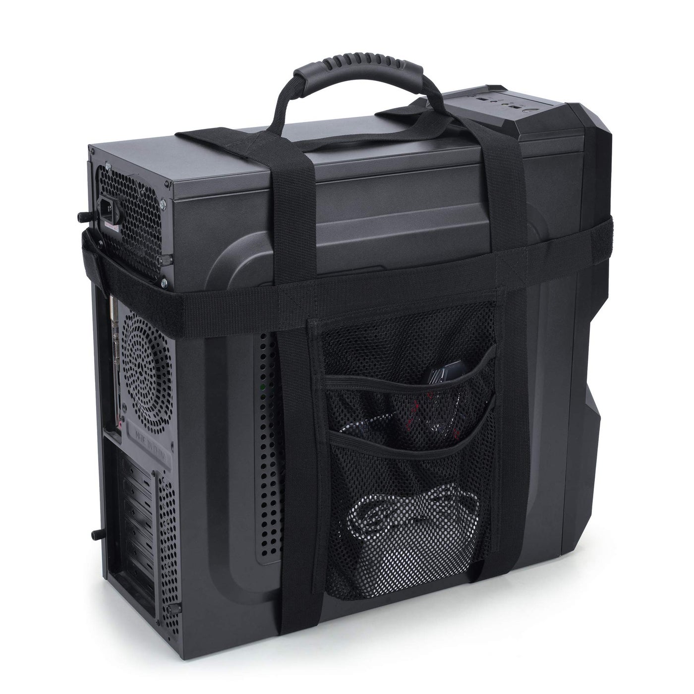 Trunab PC Tower Carrying Strap with Rubber Handle, Desktop Carrying Case Belt Computer Travel Holder with Pockets for Cable, Mouse, Ideal for Transporting On The Go - Patented Design