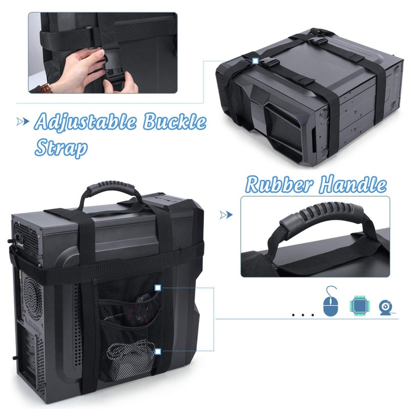 Trunab PC Tower Carrying Strap with Rubber Handle, Desktop Carrying Case Belt Computer Travel Holder with Pockets for Cable, Mouse, Ideal for Transporting On The Go - Patented Design - Image 4