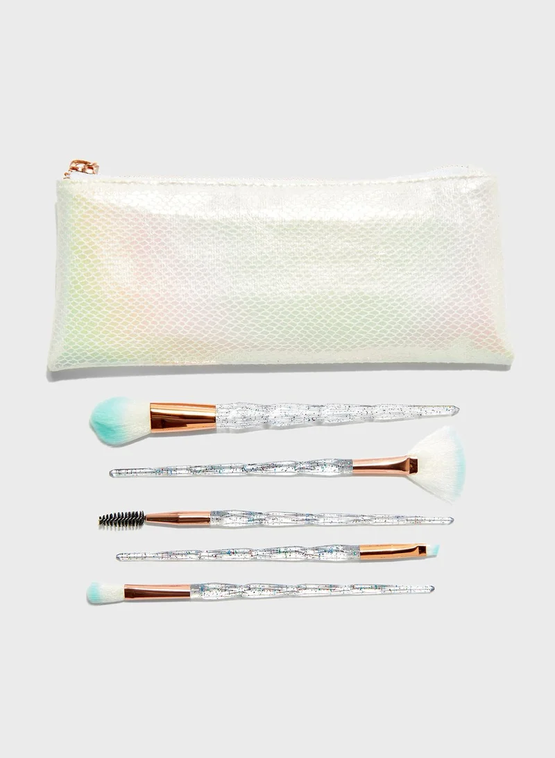Pink Cactus 5 Pack Cosmetic  Brush With Holographic Bag