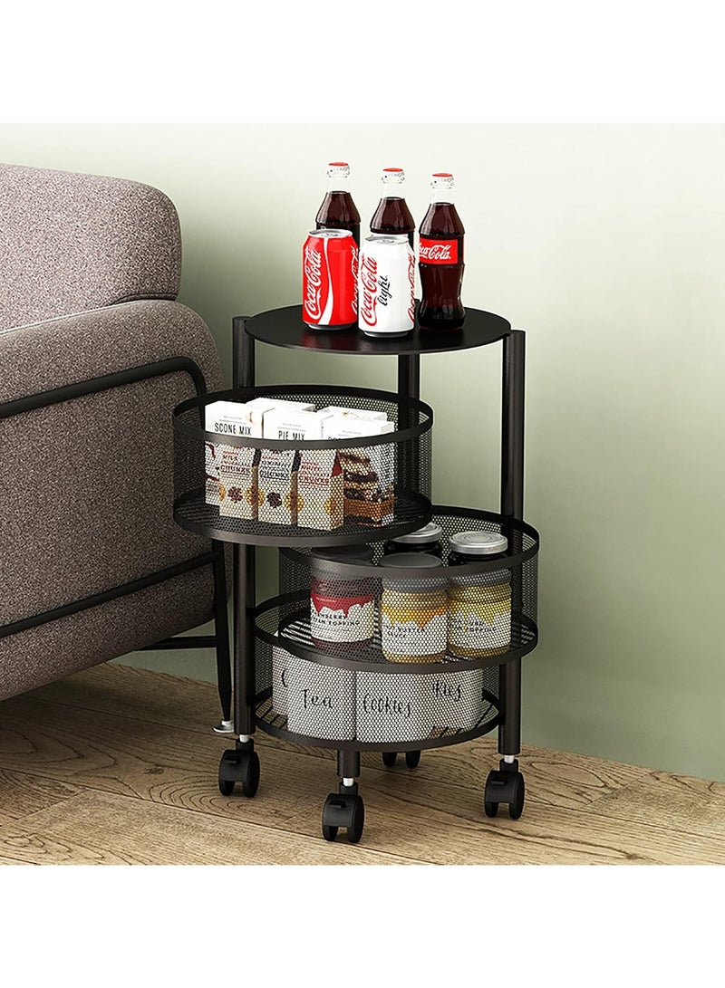 Multilayer rotating kitchen shelf rack, storage baskets for fruit snack and vegetable, metal cart shelves with wheels, round kitchenettes storage bins, tall and wide organization,3 tier - Image 1