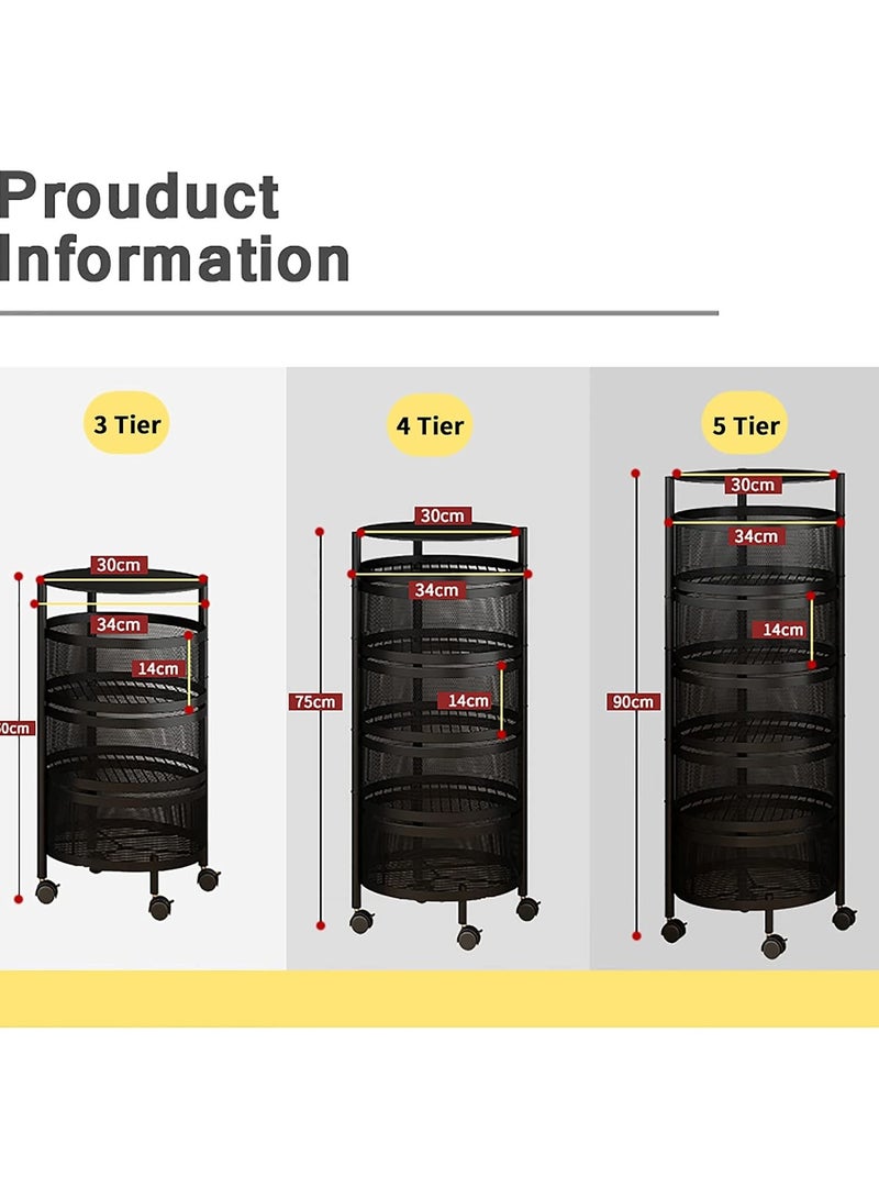 Multilayer rotating kitchen shelf rack, storage baskets for fruit snack and vegetable, metal cart shelves with wheels, round kitchenettes storage bins, tall and wide organization,3 tier - Image 2
