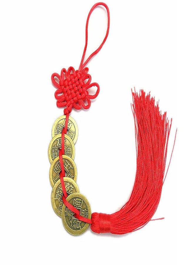 Luzen 6 Strings Vintage Chinese Feng Shui Coin Lucky Coin Fortune Coin Chinese Knot Pendant for Lucky Wealth Charm Home Car Decoration Accessories (5 Coin, Red) - Image 1