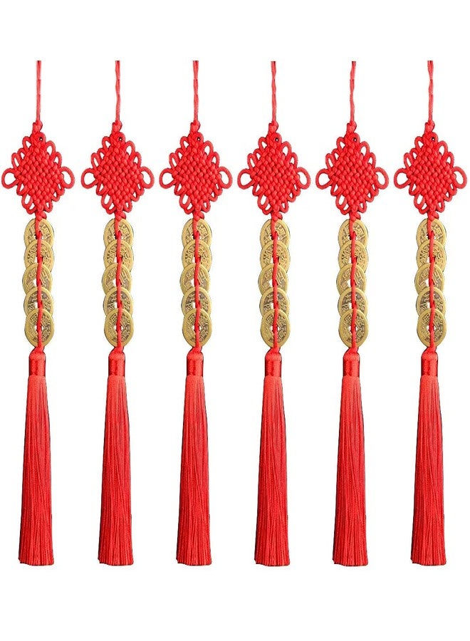 Luzen 6 Strings Vintage Chinese Feng Shui Coin Lucky Coin Fortune Coin Chinese Knot Pendant for Lucky Wealth Charm Home Car Decoration Accessories (5 Coin, Red) - Image 2
