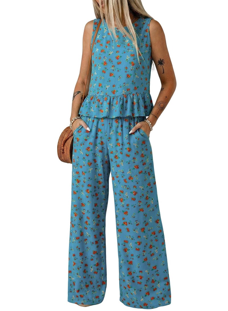 Dokotoo Womens Summer Crew Neck Sleeveless Boho Tops Wide Leg Pants Floral 2 Piece Sets for Women Fashion Trendy Outfits Matching 2026 Casual Lounge Beach Vacation Clothes Blue - Image 1