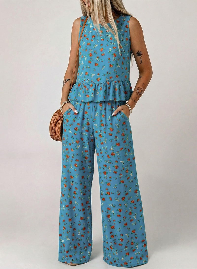 Dokotoo Womens Summer Crew Neck Sleeveless Boho Tops Wide Leg Pants Floral 2 Piece Sets for Women Fashion Trendy Outfits Matching 2026 Casual Lounge Beach Vacation Clothes Blue - Image 2