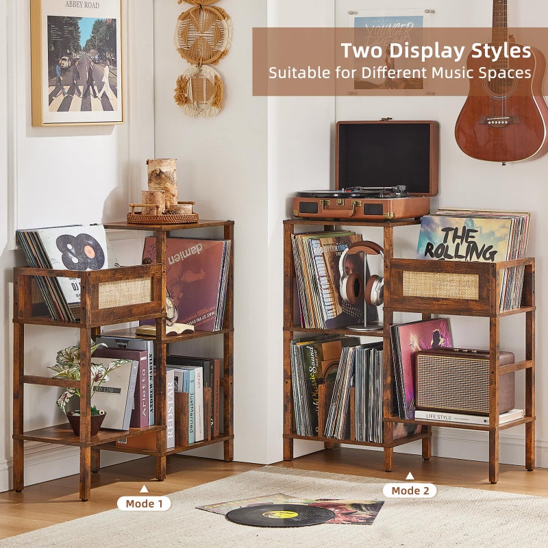 LELELINKY Record Player Stand, Vintage Brown Wood Record Holder with Vinyl Storage Holds up to 300+ Albums, 3-Tier Rattan Media Table with Vinyl Display Shelf, Record Storage Cabinet for Living Room - Image 5