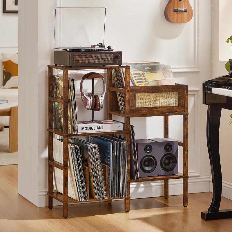 LELELINKY Record Player Stand, Vintage Brown Wood Record Holder with Vinyl Storage Holds up to 300+ Albums, 3-Tier Rattan Media Table with Vinyl Display Shelf, Record Storage Cabinet for Living Room - Image 1