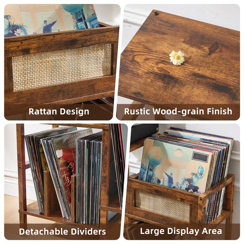 LELELINKY Record Player Stand, Vintage Brown Wood Record Holder with Vinyl Storage Holds up to 300+ Albums, 3-Tier Rattan Media Table with Vinyl Display Shelf, Record Storage Cabinet for Living Room - Image 3