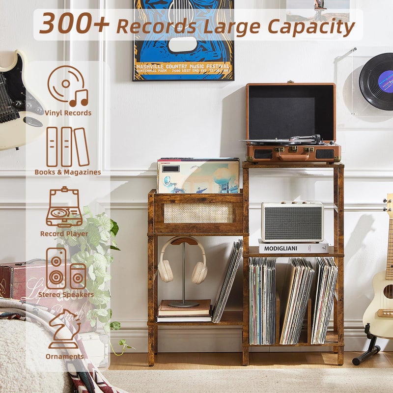 LELELINKY Record Player Stand, Vintage Brown Wood Record Holder with Vinyl Storage Holds up to 300+ Albums, 3-Tier Rattan Media Table with Vinyl Display Shelf, Record Storage Cabinet for Living Room - Image 4