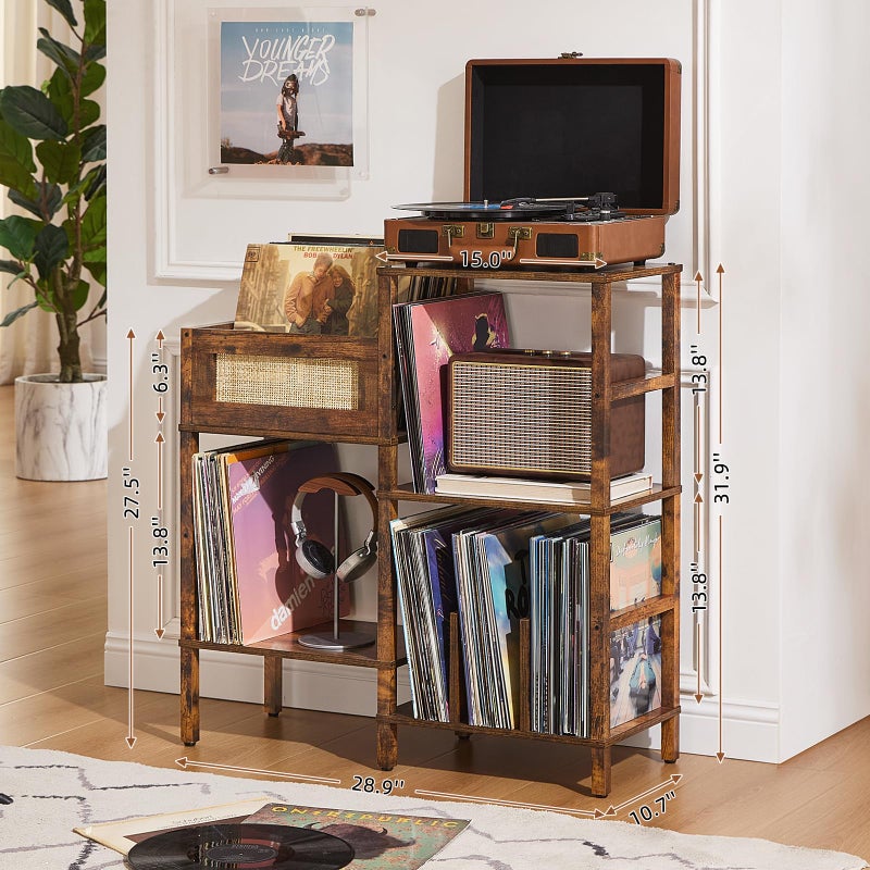 LELELINKY Record Player Stand, Vintage Brown Wood Record Holder with Vinyl Storage Holds up to 300+ Albums, 3-Tier Rattan Media Table with Vinyl Display Shelf, Record Storage Cabinet for Living Room - Image 2