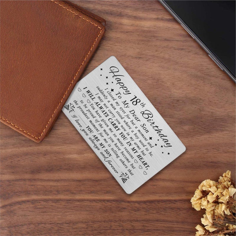 DEGASKEN Happy 18th Birthday Cards Gifts for Son, Son 18 Year Old Bday Card, Personalized Steel Engraved Wallet Card - Image 4