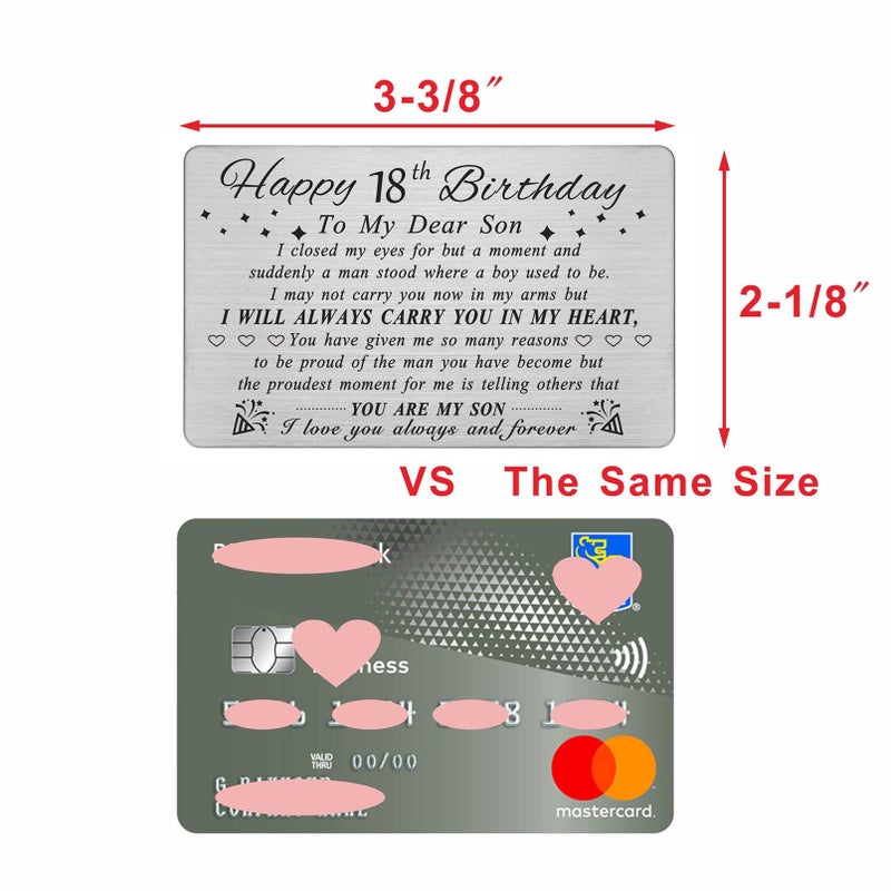 DEGASKEN Happy 18th Birthday Cards Gifts for Son, Son 18 Year Old Bday Card, Personalized Steel Engraved Wallet Card - Image 2