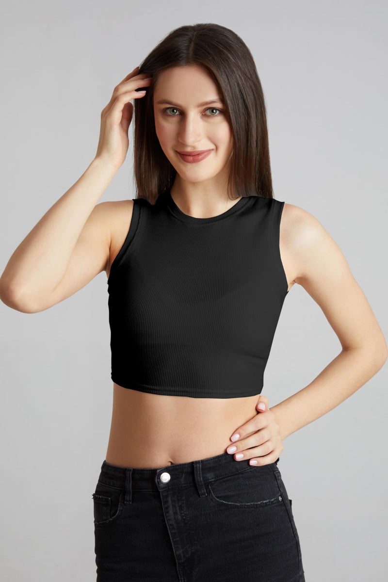 Berry&Bird BERRY BIRD® Stylish Sleeveless Round Neck Ribbed Tank Tops for Women & Girls Slim Fit Collarless Beach, Gym Wear and Western Trendy Fashion Black - Image 4