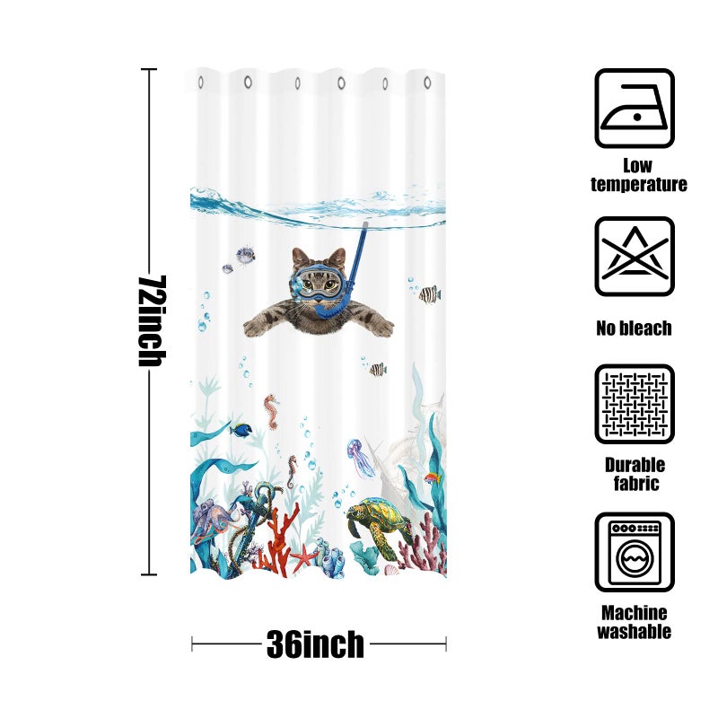 FOWOCU Funny Cat Stall Square Stain Stall Teal Teal Sea Blue Sea Ocean Pabric Fabric Stertains with Octopus Starfish Turtle Turtle Assor Nautical Bathrate Stain (Blue 36 '؟ 72' ') - Image 5