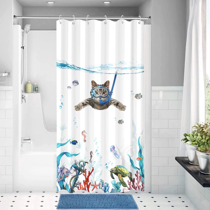 FOWOCU Funny Cat Stall Square Stain Stall Teal Teal Sea Blue Sea Ocean Pabric Fabric Stertains with Octopus Starfish Turtle Turtle Assor Nautical Bathrate Stain (Blue 36 '؟ 72' ') - Image 2