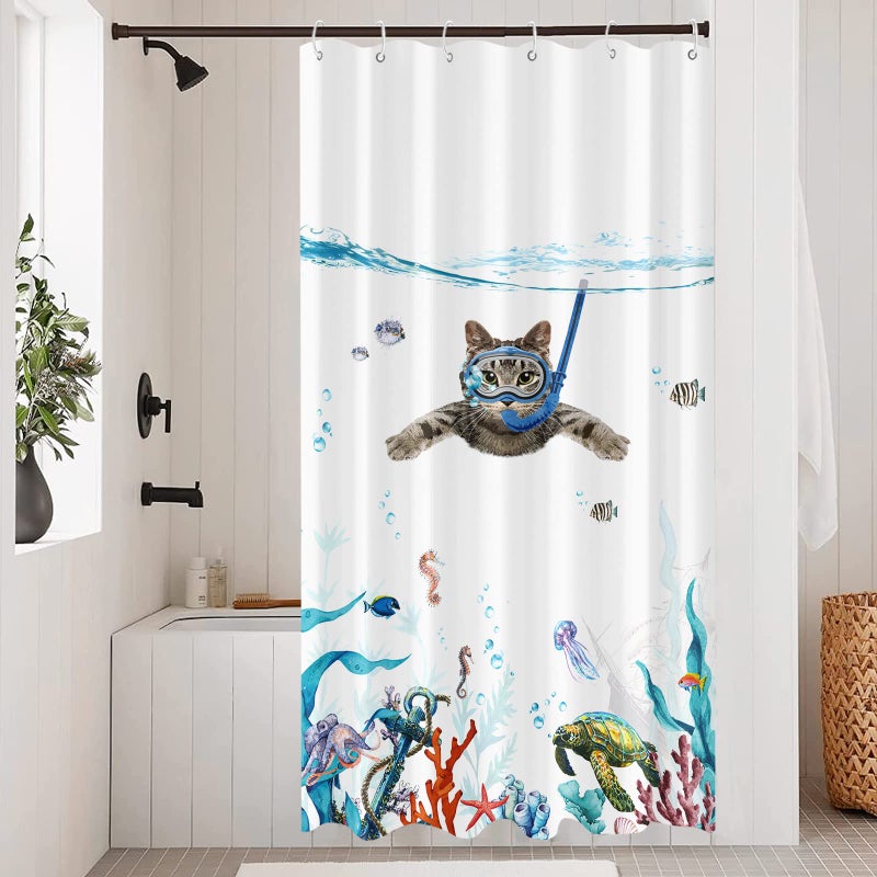 FOWOCU Funny Cat Stall Square Stain Stall Teal Teal Sea Blue Sea Ocean Pabric Fabric Stertains with Octopus Starfish Turtle Turtle Assor Nautical Bathrate Stain (Blue 36 '؟ 72' ') - Image 4