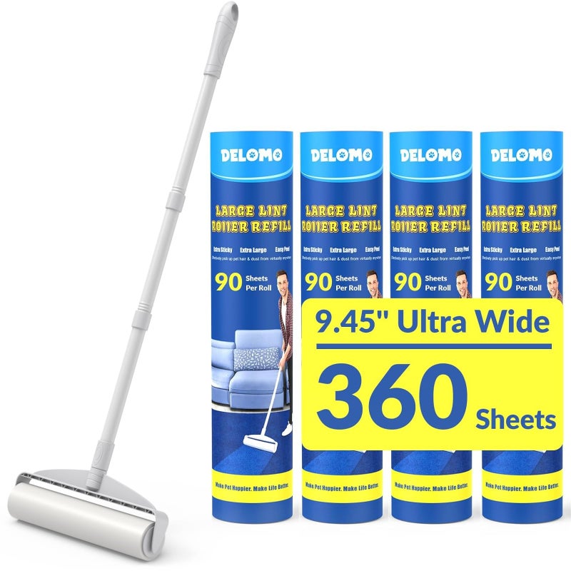 Large Lint Rollers for Carpet, Sticky Rollers for Floor DELOMO 9.45 in with 3 Extendable Handle, Long Handle Sticky Mop for Cleaning Carpets, Cars, Clothing, and Pet Hair - Image 1