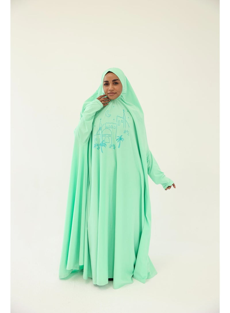 La Festiva Minaret Full-Length Cotton Lycra Prayer Isdal Aqua - Image 1