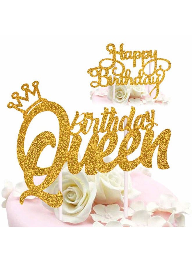 DelightBox Sunny ZX Queen Birthday Cake Topper Gold Glitter Happy Birthday Cake Topper, Cake Toppers Birthday Party Decoration - Image 1
