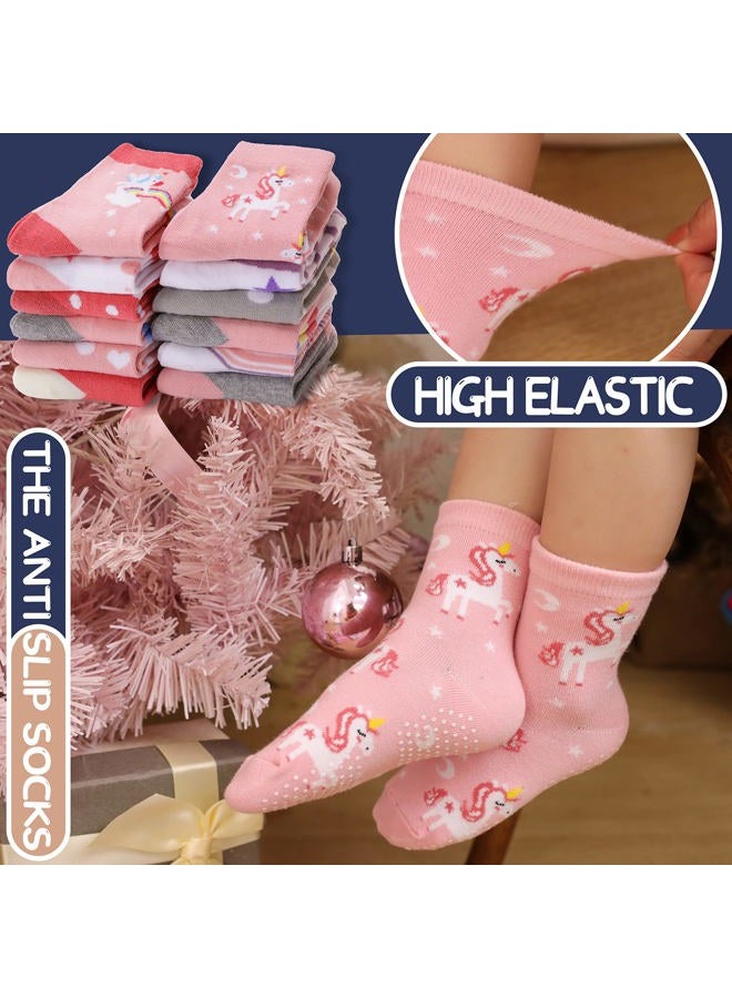ANTSANG Baby Girls Toddlers Grips Socks Kids Non Slip/Anti Skid Unicorn Striped Crew Cotton Socks 12 Pairs Gift Stocking Fillers(Girl's-Unicorn Pink(12 Pairs),5-8 Y) - Image 2