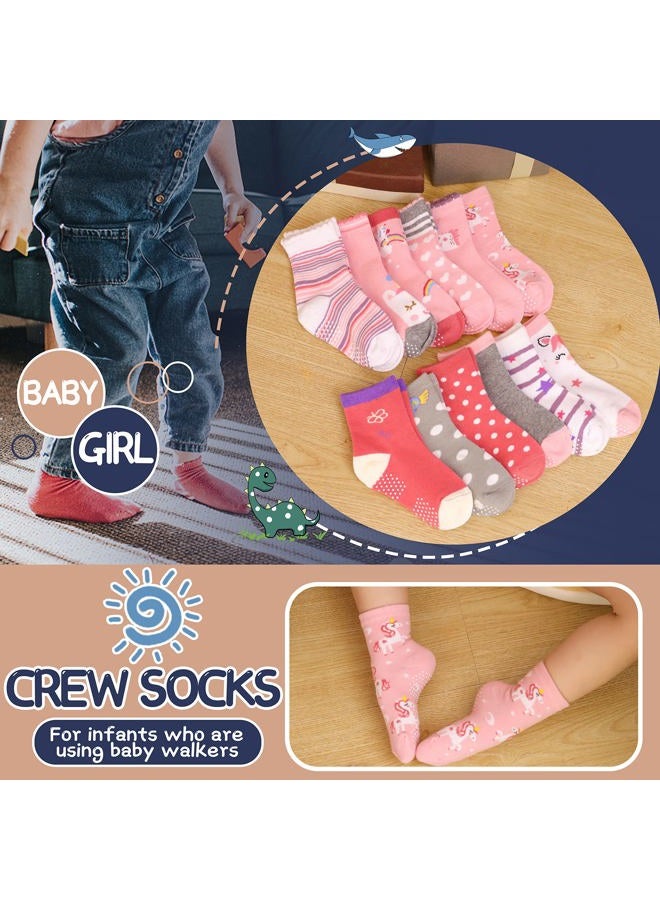 ANTSANG Baby Girls Toddlers Grips Socks Kids Non Slip/Anti Skid Unicorn Striped Crew Cotton Socks 12 Pairs Gift Stocking Fillers(Girl's-Unicorn Pink(12 Pairs),5-8 Y) - Image 5