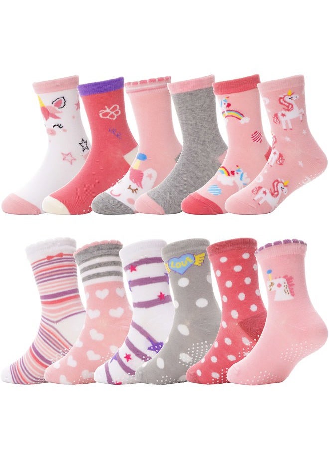 ANTSANG Baby Girls Toddlers Grips Socks Kids Non Slip/Anti Skid Unicorn Striped Crew Cotton Socks 12 Pairs Gift Stocking Fillers(Girl's-Unicorn Pink(12 Pairs),5-8 Y) - Image 1