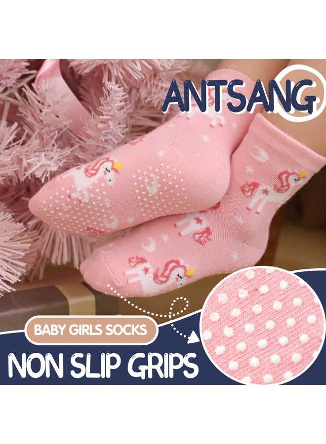 ANTSANG Baby Girls Toddlers Grips Socks Kids Non Slip/Anti Skid Unicorn Striped Crew Cotton Socks 12 Pairs Gift Stocking Fillers(Girl's-Unicorn Pink(12 Pairs),5-8 Y) - Image 3