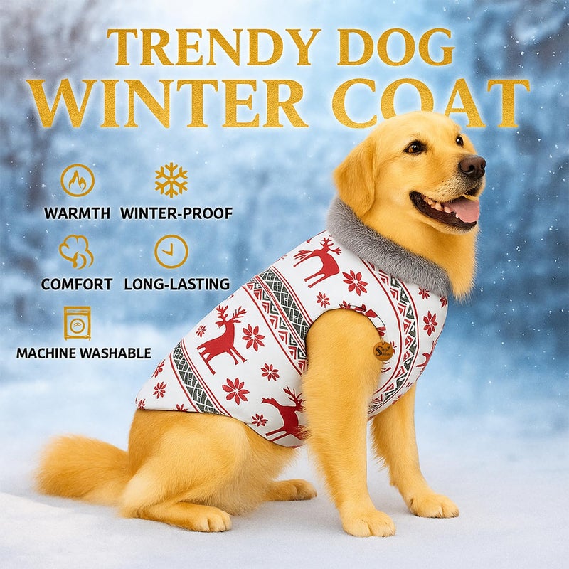 Sage Square Dog Deer Print Winter Coat with Soft Fur Collar | Cold Weather Windproof Jacket | Stylish Warm Dog Outfit | Adjustable Strap & Cozy Inner Lining | Comfortable Fabric (Medium - 22inch) - Image 2