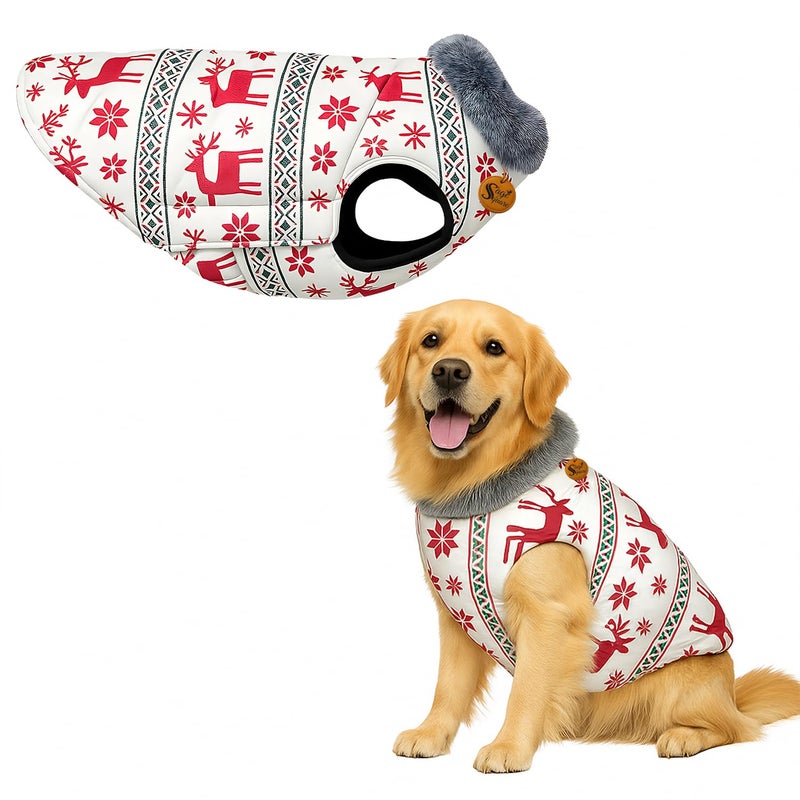 Sage Square Dog Deer Print Winter Coat with Soft Fur Collar | Cold Weather Windproof Jacket | Stylish Warm Dog Outfit | Adjustable Strap & Cozy Inner Lining | Comfortable Fabric (Medium - 22inch) - Image 1