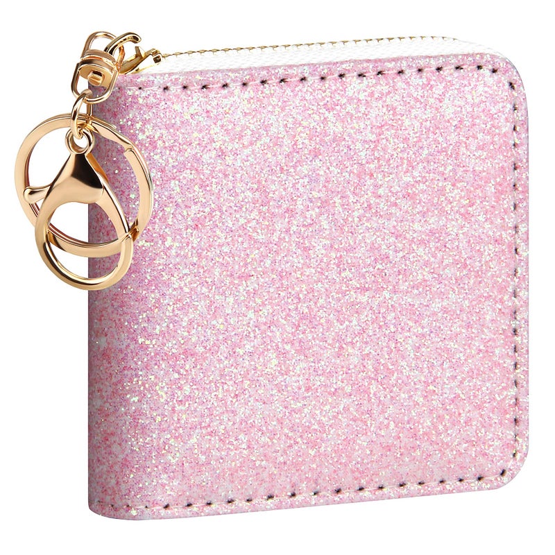 GEEAD Small Glitter Wallet for Women Girls Mini Coin Purse Pouches with Key Ring (Pink - 1) - Image 1