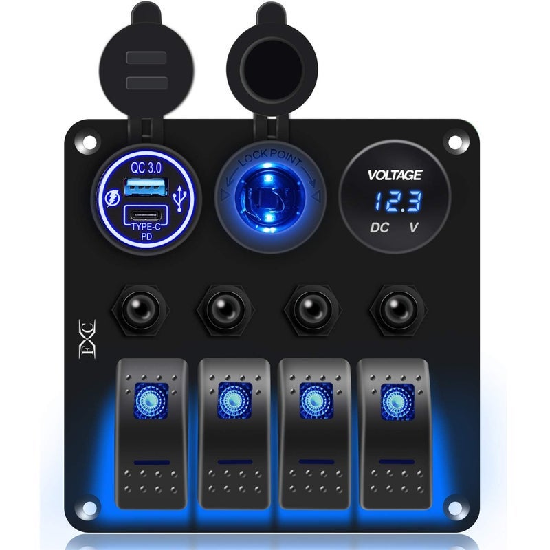 FXC Waterproof Marine Boat Rocker Switch Panel 4 Gang with QC3.0 USB & Type-C Slot Socket + Cigarette Lighter +LED Voltmeter with Overload Protection for Car Rv Vehicles Truck (4 Gang Blue LED) - Image 1