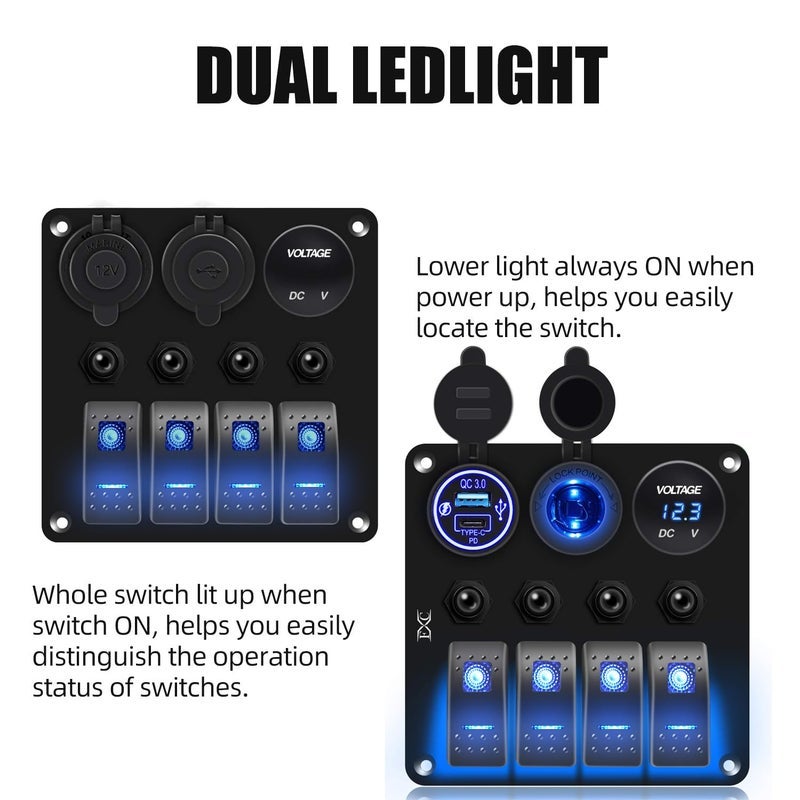 FXC Waterproof Marine Boat Rocker Switch Panel 4 Gang with QC3.0 USB & Type-C Slot Socket + Cigarette Lighter +LED Voltmeter with Overload Protection for Car Rv Vehicles Truck (4 Gang Blue LED) - Image 2