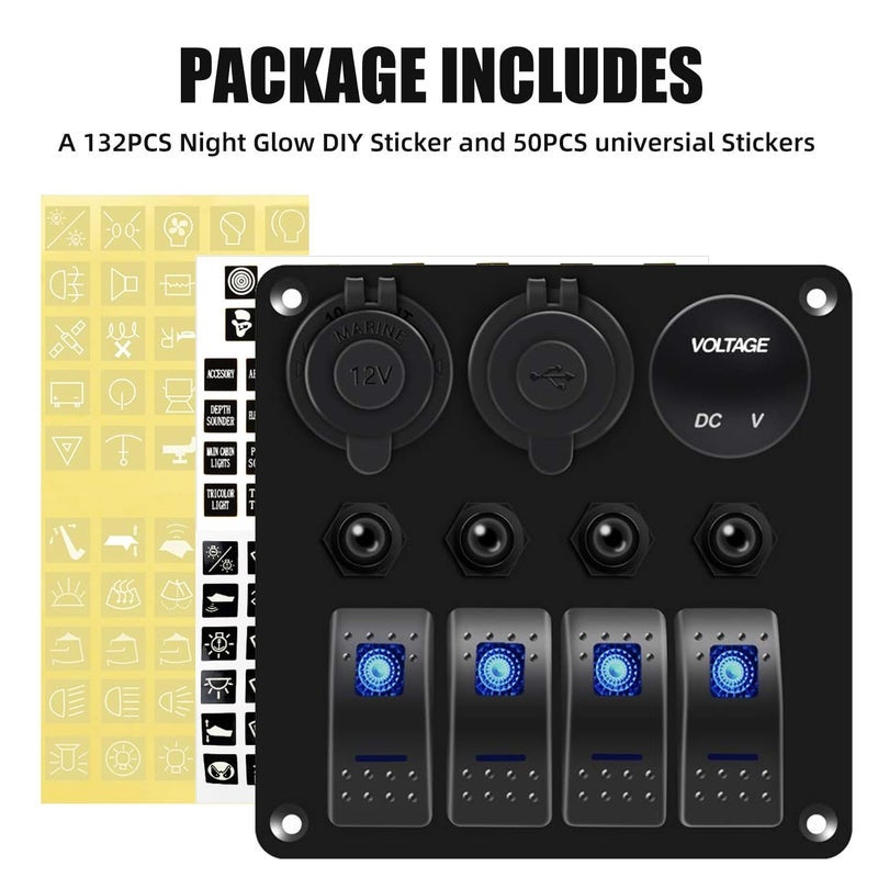 FXC Waterproof Marine Boat Rocker Switch Panel 4 Gang with QC3.0 USB & Type-C Slot Socket + Cigarette Lighter +LED Voltmeter with Overload Protection for Car Rv Vehicles Truck (4 Gang Blue LED) - Image 3