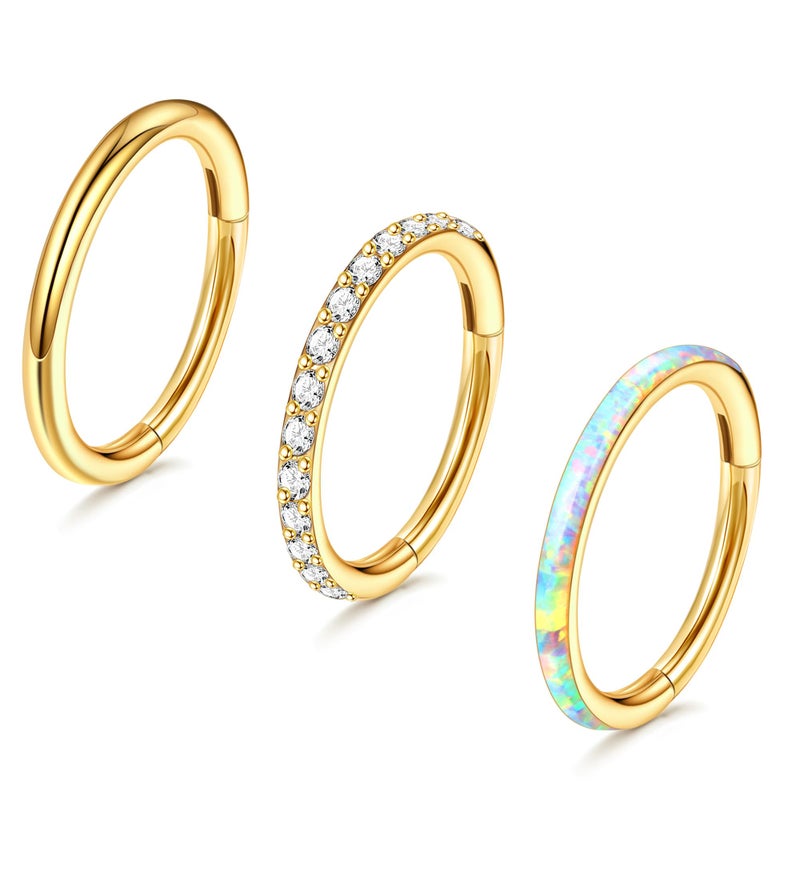 Staligue 3pcs Nose Rings Hoops - 316L Surgical Steel Hinged Nose Hoops 16G/18G/20G CZ Clicker Septum Nose Ring Lip Helix Cartilage Hoop Earring Daith Rook Conch Body Piercing Jewelry for Women Men 8mm 10mm (Gold, 18 gauge(1.0mm)-8mm) - Image 1