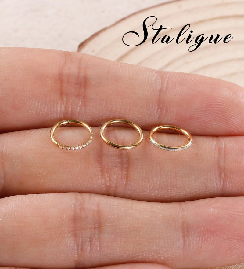 Staligue 3pcs Nose Rings Hoops - 316L Surgical Steel Hinged Nose Hoops 16G/18G/20G CZ Clicker Septum Nose Ring Lip Helix Cartilage Hoop Earring Daith Rook Conch Body Piercing Jewelry for Women Men 8mm 10mm (Gold, 18 gauge(1.0mm)-8mm) - Image 4