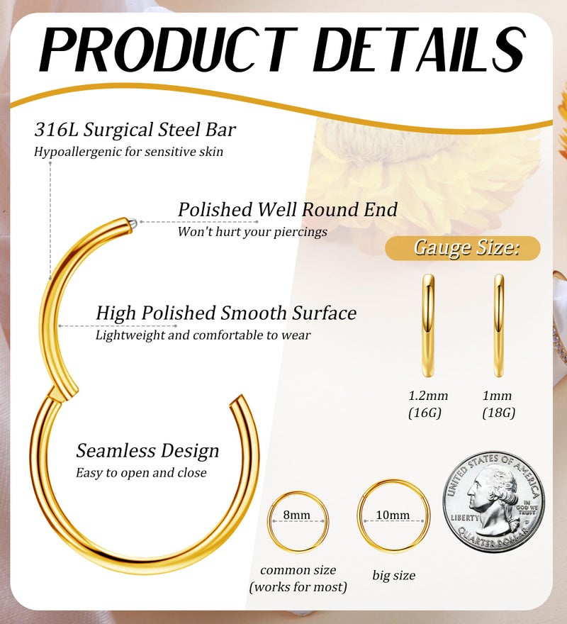 Staligue 3pcs Nose Rings Hoops - 316L Surgical Steel Hinged Nose Hoops 16G/18G/20G CZ Clicker Septum Nose Ring Lip Helix Cartilage Hoop Earring Daith Rook Conch Body Piercing Jewelry for Women Men 8mm 10mm (Gold, 18 gauge(1.0mm)-8mm) - Image 2