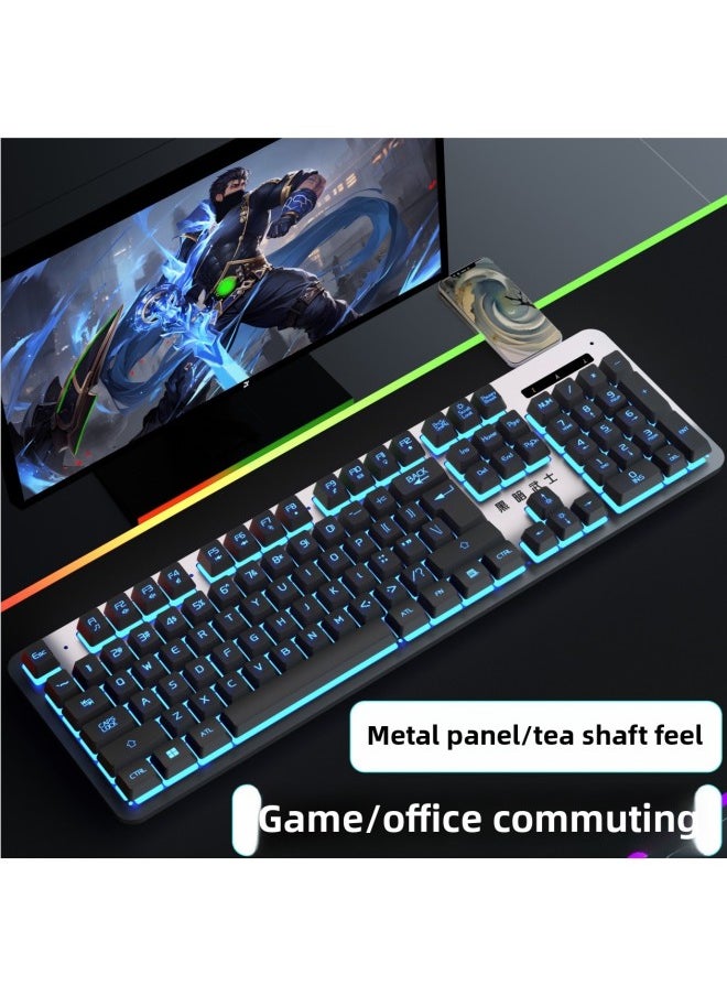 Generic - Mechanical Feel Keyboard Mouse Suit Wired Desktop Computer Notebook Game E-sports Typing Dedicated USB-Color:Mechanical Feel - 1 Year Warranty - Black Characters, White Ice Blue Light [single Keyboard] - Upgraded Alloy Panel - No - 104 Keys - Official Standard - Image 1
