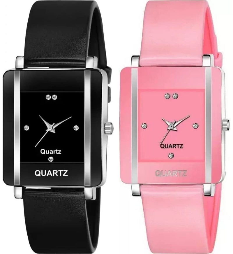 Acnos® Premium Brand Black and Pink Square Analog Watches PU Belt Watches for Girls for Women Pack of 2 - Image 5