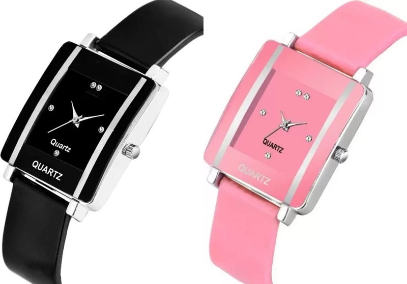Acnos® Premium Brand Black and Pink Square Analog Watches PU Belt Watches for Girls for Women Pack of 2 - Image 2