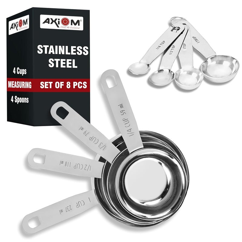 AXIOM Measuring Set of 8 pcs Stainless_Steel Professional Quality for Baking Cooking 4 Stackable Measuring Cups and 4 Stackable Measuring Spoons with Measurement Engraving Handle - Image 1